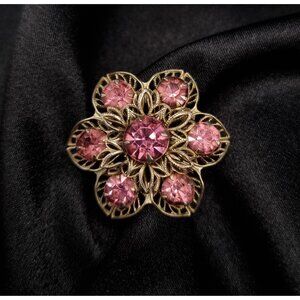 Vintage 1940's-1950's Gold-Tone Flower Brooch W/ Pink Rhinestones